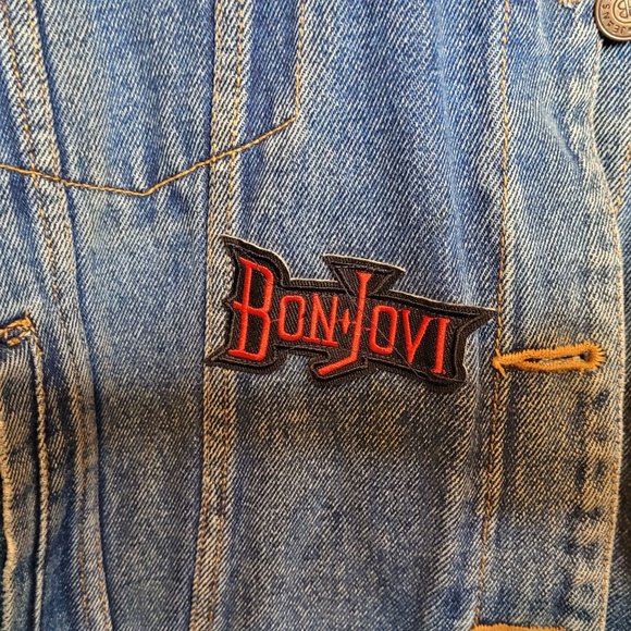 Vintage Bill Blass Denim Jacket Disturbed Upcycle Patch Band Womens Petite Large - Picture 6 of 9